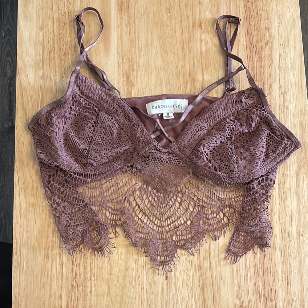 Dance & Marvel Crochet Lace Bralette in Brown